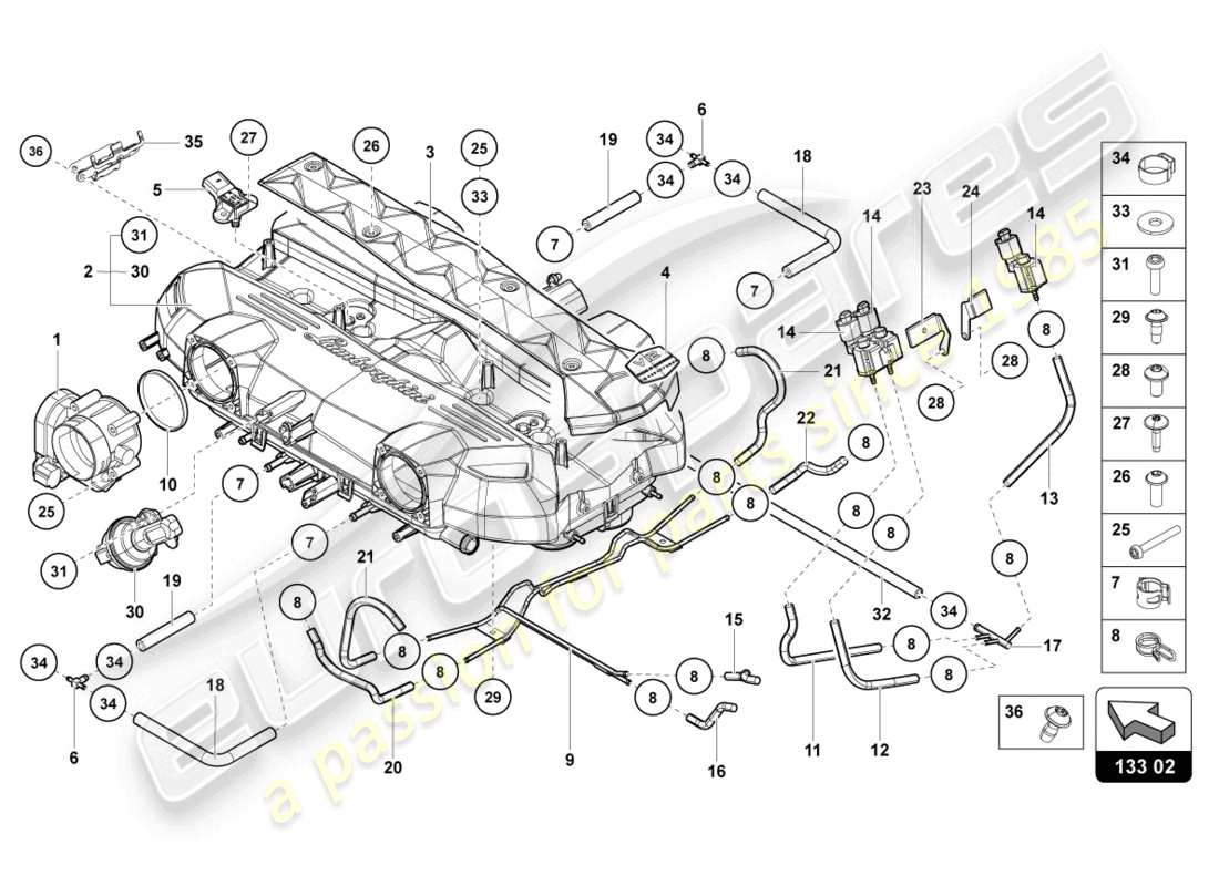 lamborghini ultimae (2022) collecteur d'admission schéma des pièces