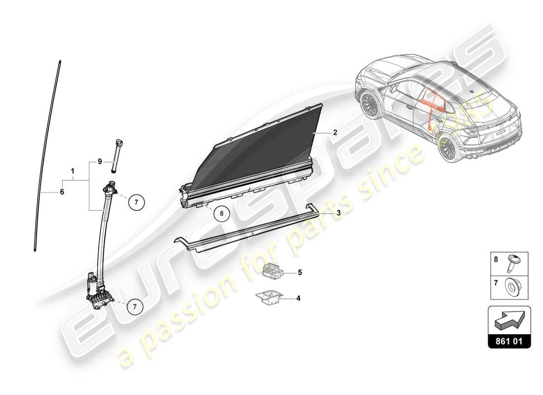 lamborghini urus (2020) pare-soleil à rouleau schéma des pièces