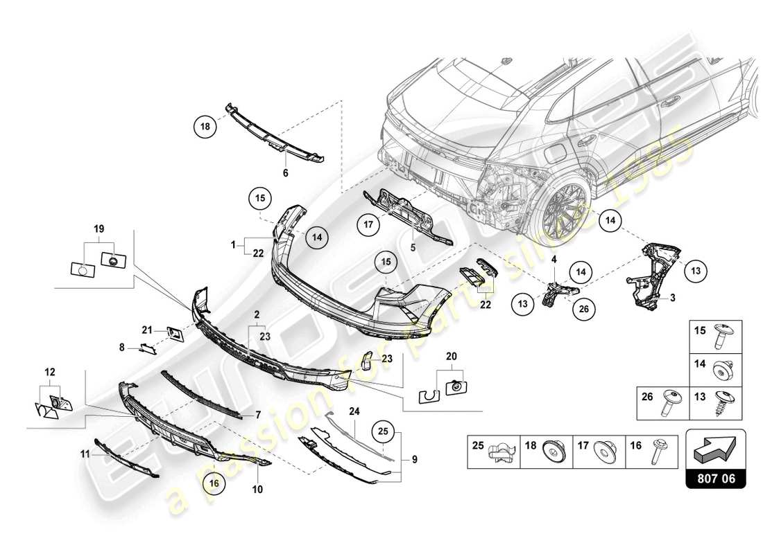 lamborghini urus (2021) pare-choc, arrière complet schéma des pièces