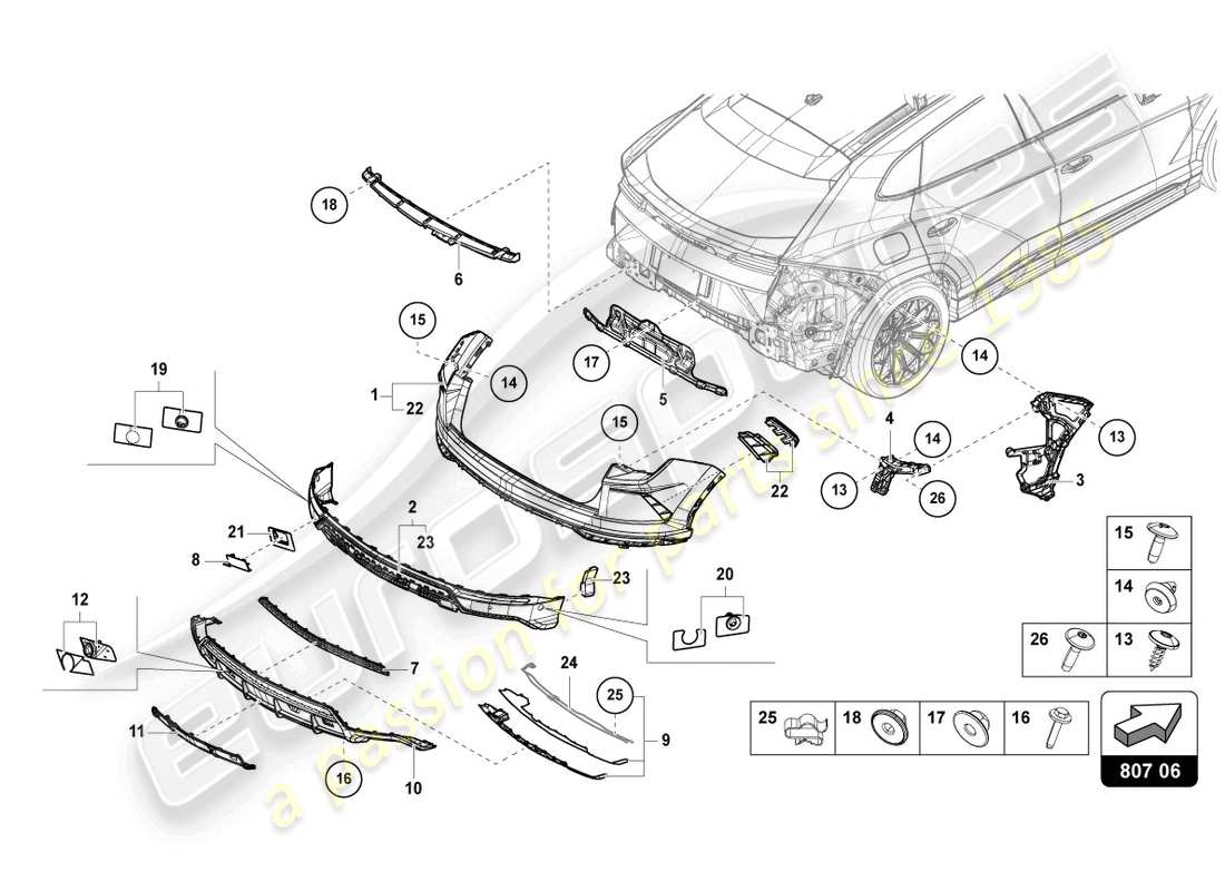 lamborghini urus (2022) pare-choc, arrière complet schéma des pièces