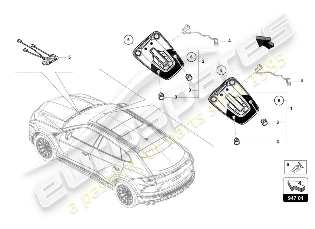 lamborghini urus (2022) lampe d'intérieur et de lecture schéma des pièces
