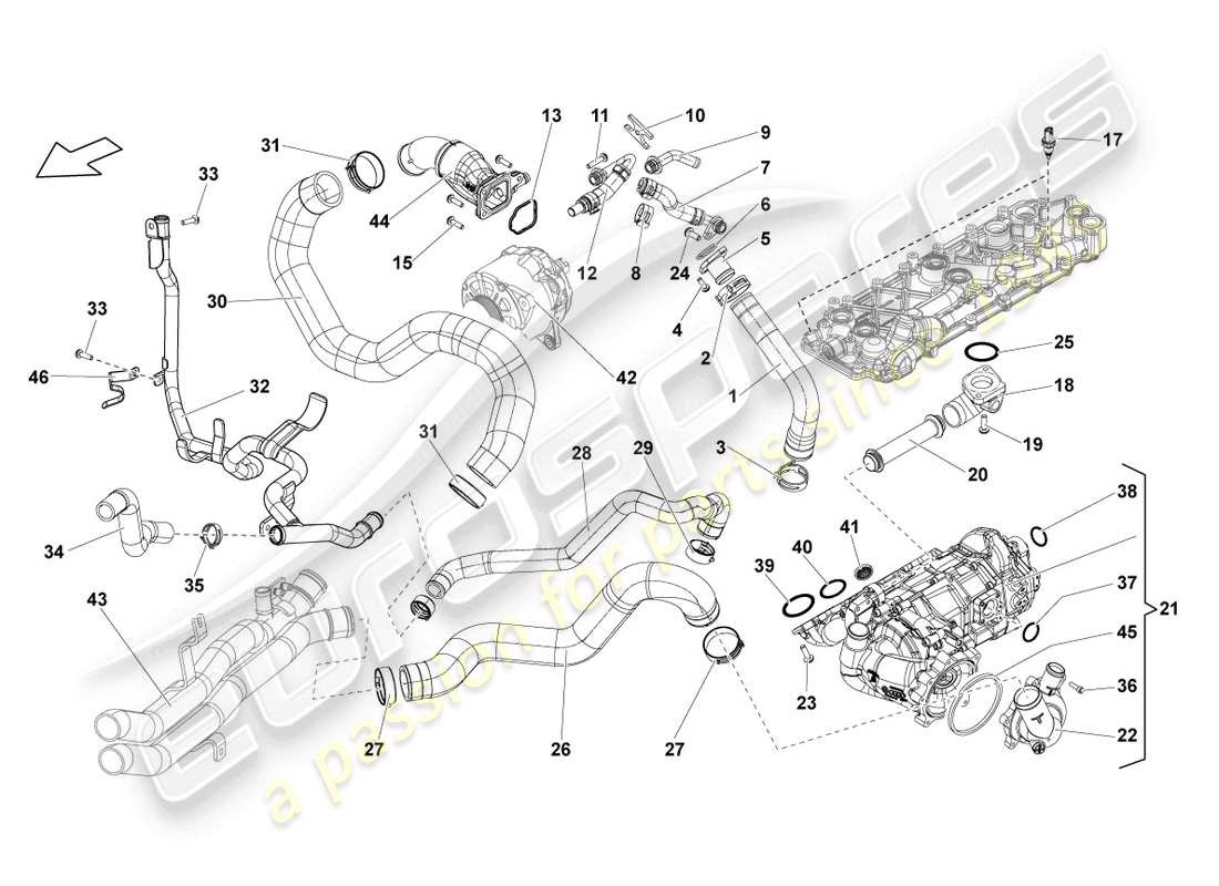 lamborghini lp550-2 spyder (2010) boîtier de régulateur de liquide de refroidissement avec thermostat schéma des pièces