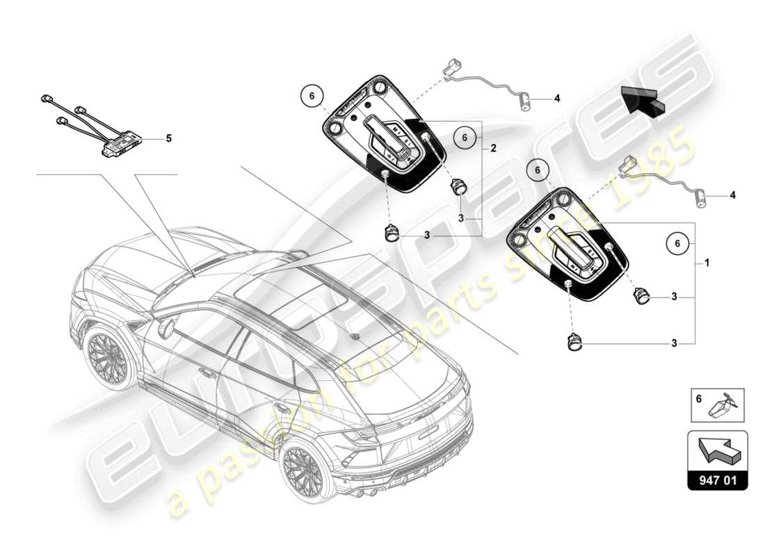 lamborghini urus (2021) lampe d'intérieur et de lecture schéma des pièces