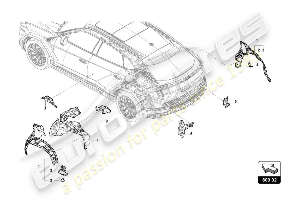 lamborghini urus (2022) protecteur d'aile arrière schéma des pièces