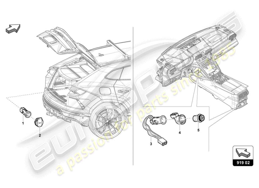 lamborghini urus (2022) couvercle avec allume-cigarette et prise schéma des pièces