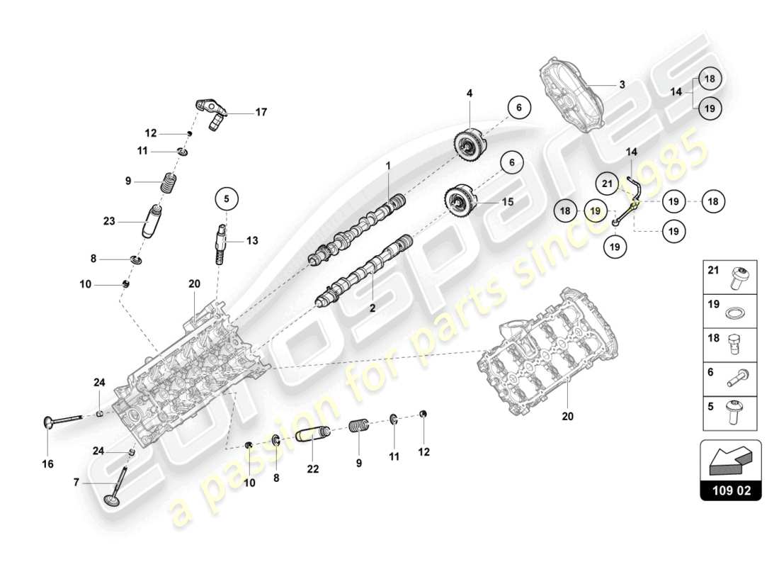 lamborghini evo spyder 2wd (2022) arbre à cames, soupapes schéma des pièces