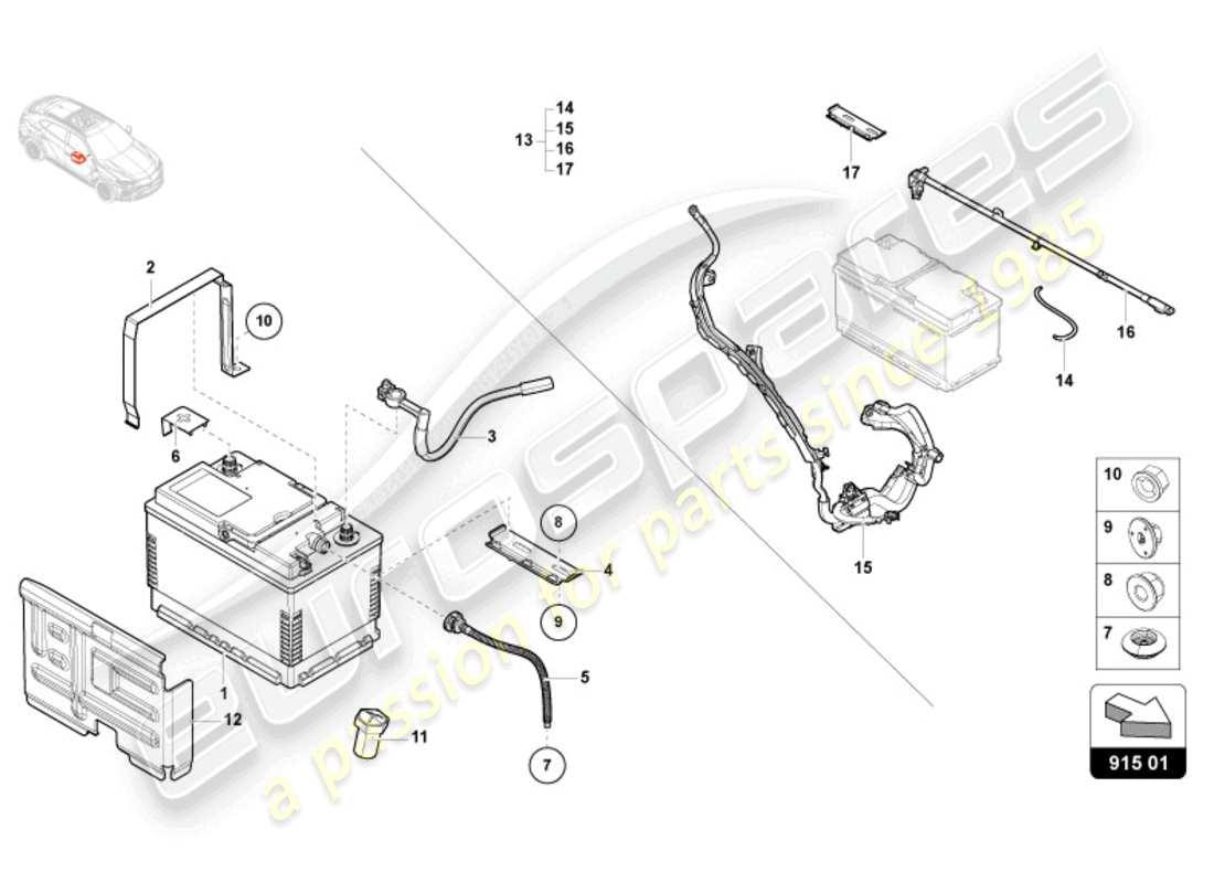lamborghini urus (2020) diagramme des pièces de la batterie
