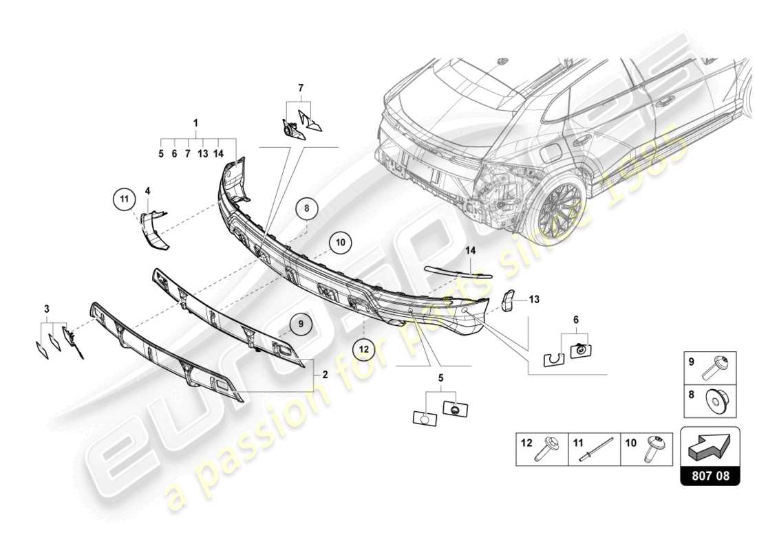 lamborghini urus (2022) pare-chocs arrière complet en carbone schéma des pièces