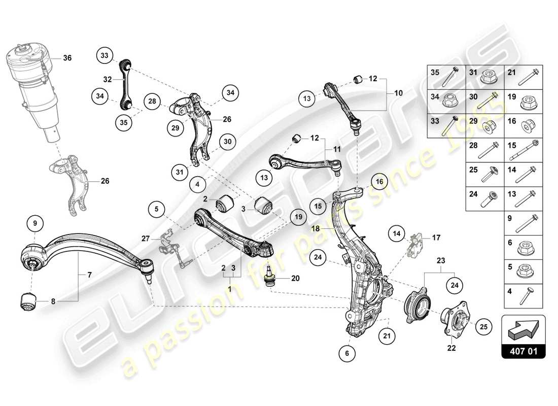 lamborghini urus s (2023) suspension avant schéma des pièces