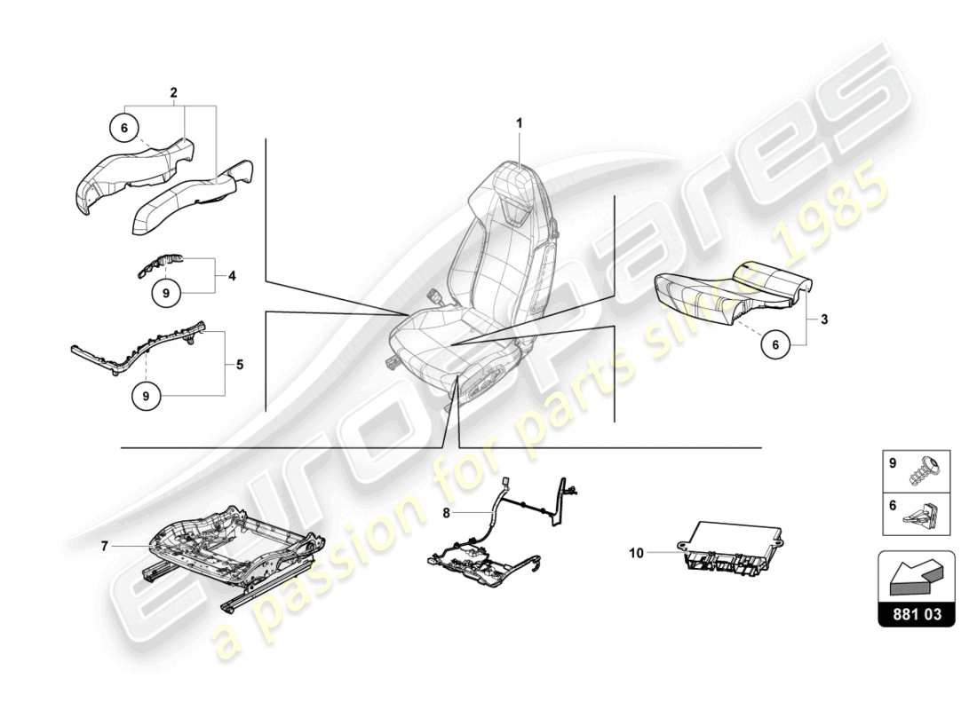 lamborghini evo spyder 2wd (2022) schéma des pièces de la boîte de siège