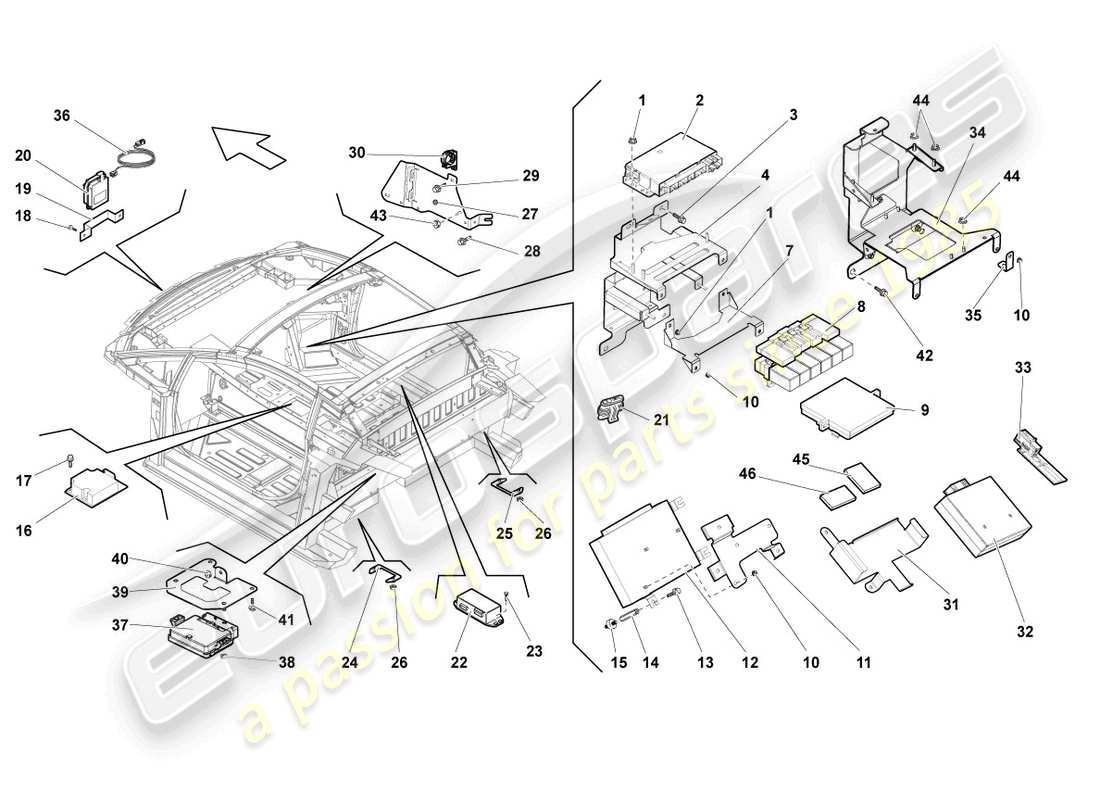 lamborghini gallardo coupe (2004) unité de commande centrale pour système de commodité schéma partiel