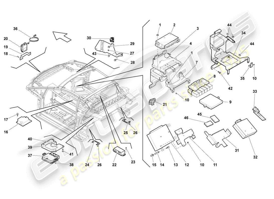 lamborghini gallardo spyder (2008) unité de commande centrale pour système de commodité schéma partiel