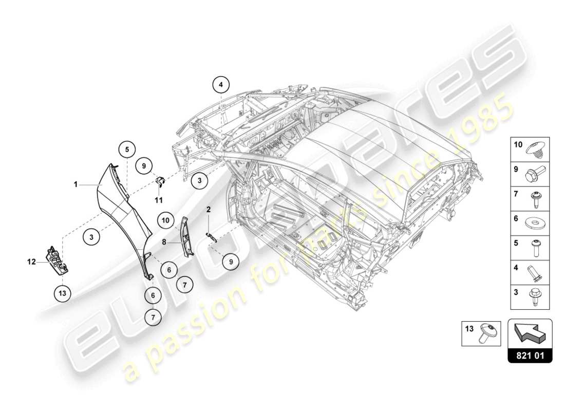 lamborghini evo coupe 2wd (2021) protecteur d'aile avant schéma des pièces