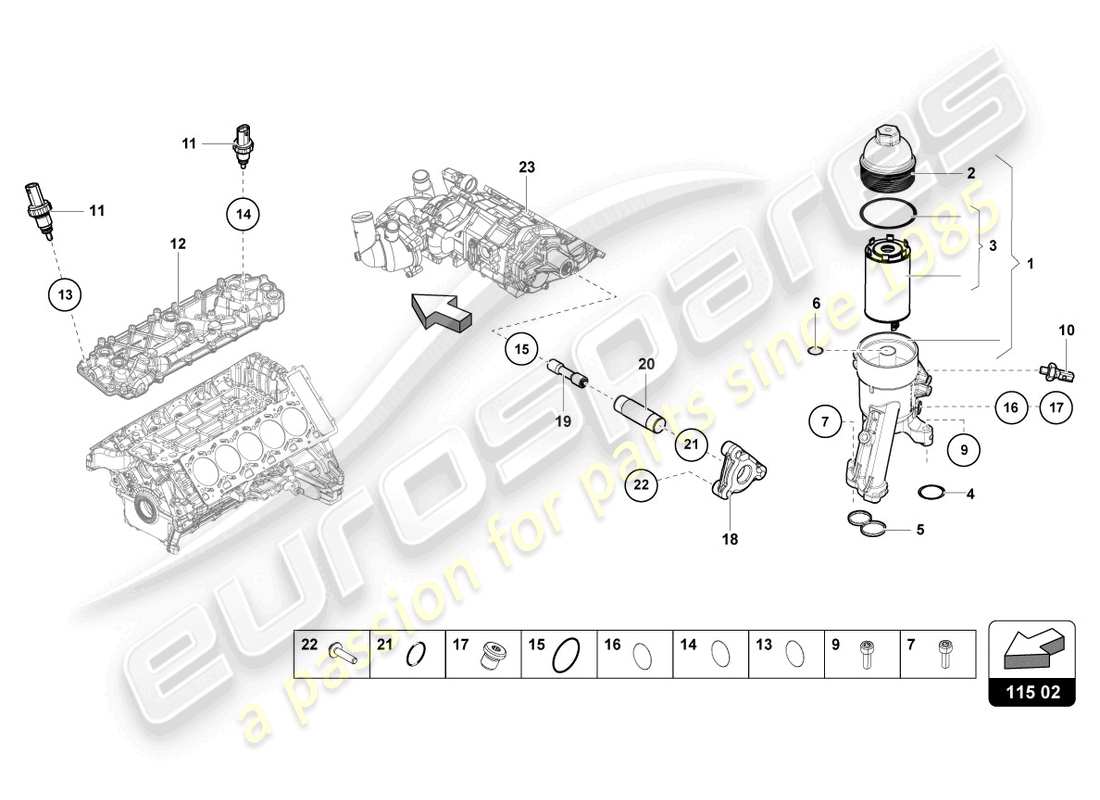 lamborghini evo coupe 2wd (2023) élément de filtre à huile schéma des pièces