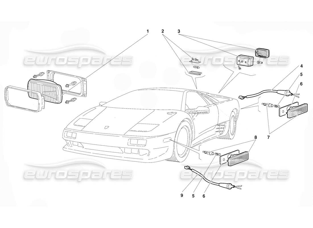 lamborghini diablo (1991) lumières (valable pour la version américaine - septembre 1991) schéma des pièces