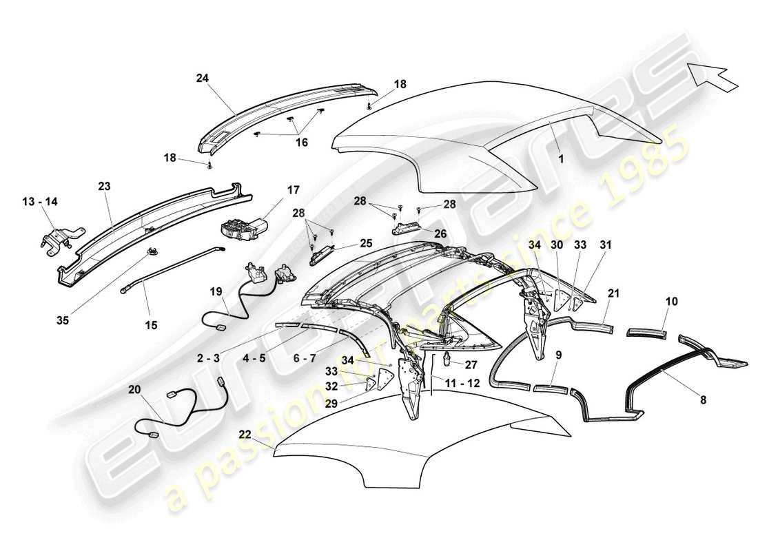 lamborghini lp570-4 spyder performante (2011) couvercle - diagramme de la pièce supérieure