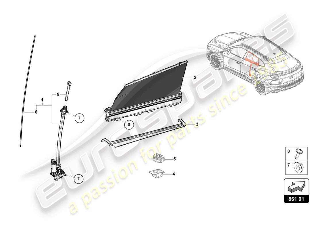 lamborghini urus s (2024) pare-soleil à rouleau schéma des pièces