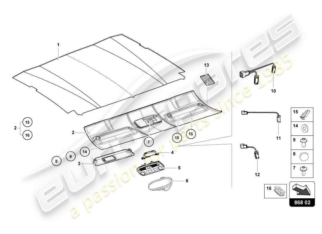 lamborghini evo coupe (2022) garniture de toit schéma des pièces