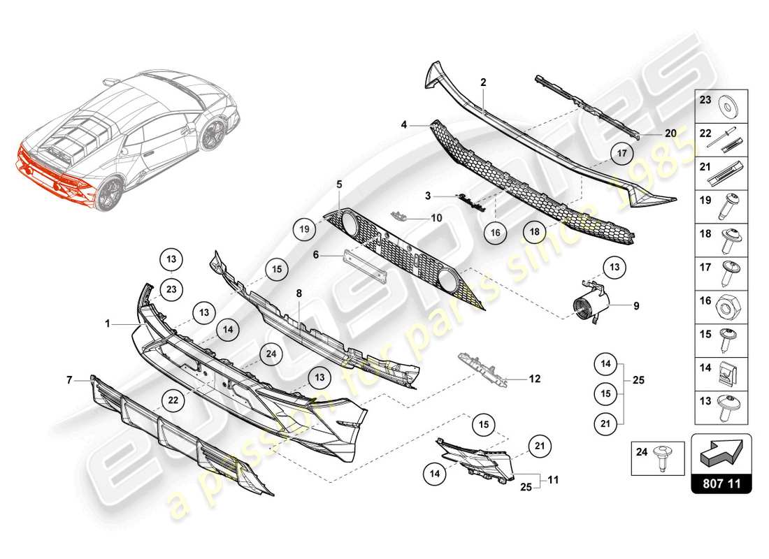 lamborghini evo spyder (2022) pare-choc arrière schéma des pièces