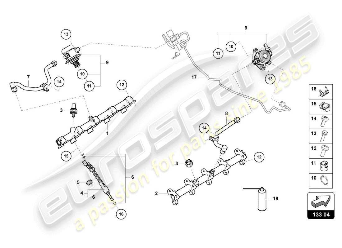 lamborghini urus s (2023) injecteur de carburant avec rails d'injecteur schéma des pièces