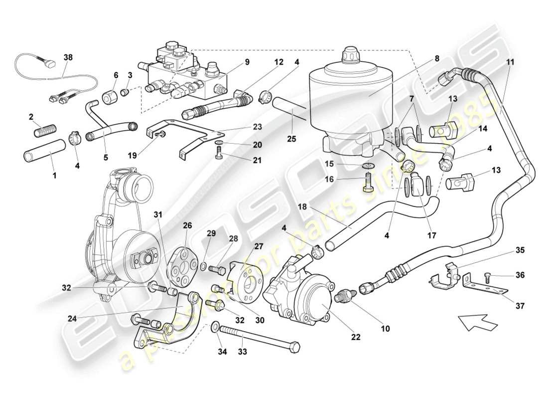 lamborghini lp640 roadster (2007) système hydraulique et récipient de fluide avec connect. pièces diagramme des pièces