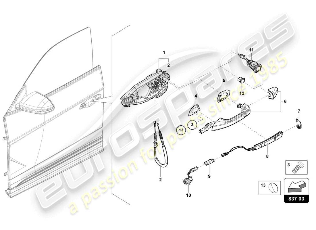 lamborghini urus (2019) poignée de porte, avant extérieure schéma des pièces