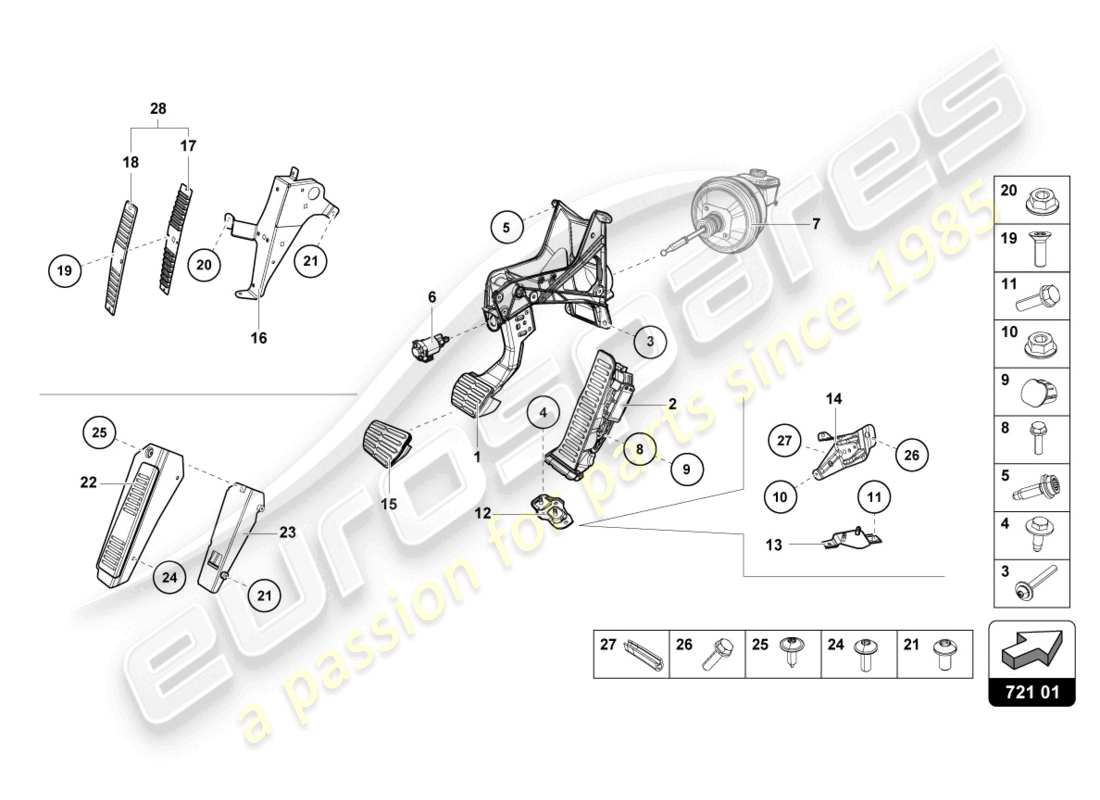 lamborghini evo coupe (2023) freinage et accélération. levier mech. diagramme de pièce