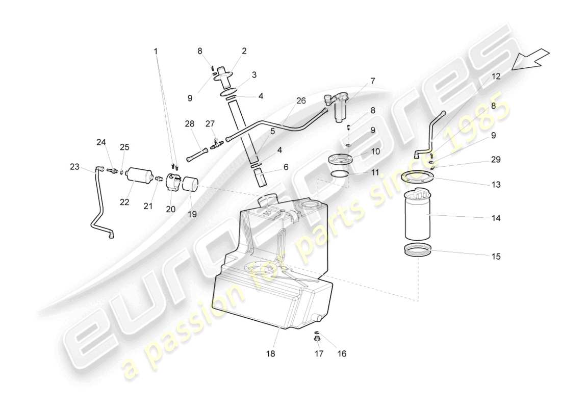 lamborghini superleggera (2008) réservoir de carburant avec accessoires droit schéma des pièces