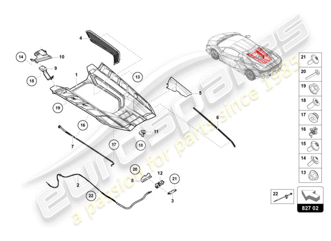lamborghini revuelto coupe (2024) couvercle moteur avec insp. couverture diagramme de pièce