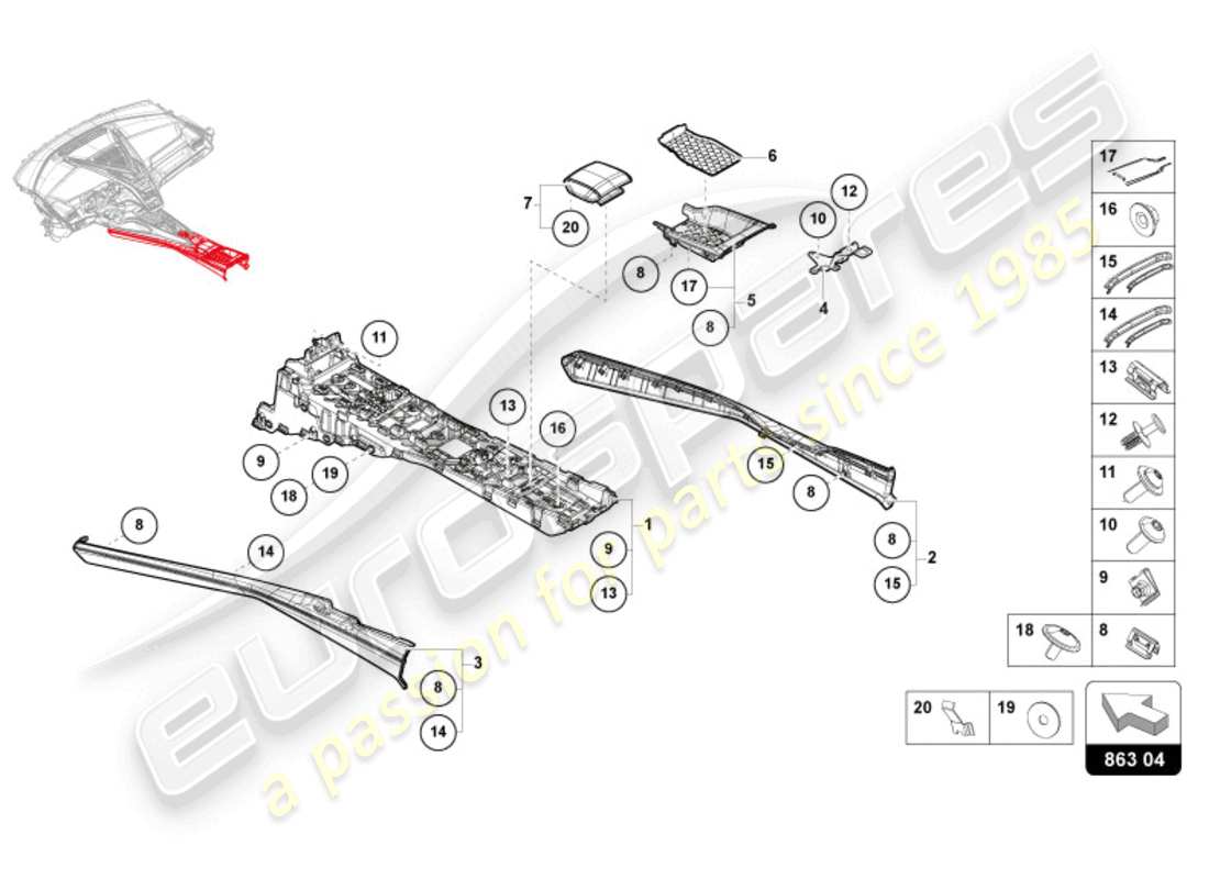 lamborghini revuelto coupe (2024) console centrale schéma des pièces