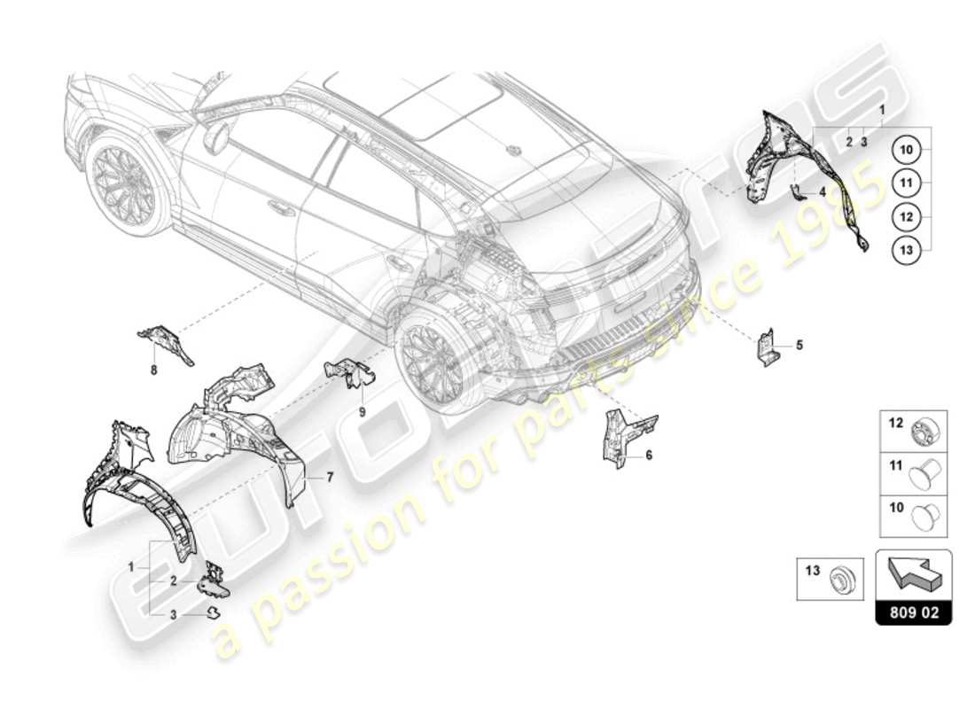 lamborghini urus performante (2024) protecteur d'aile arrière schéma des pièces