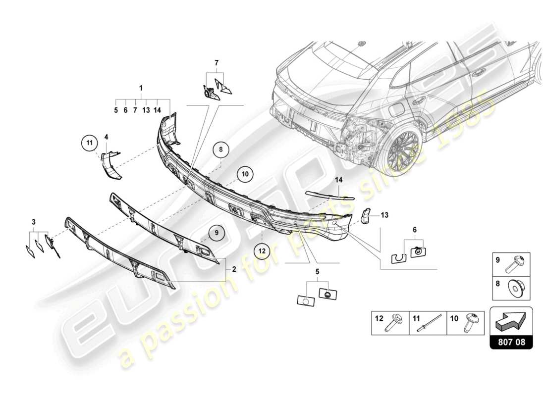 lamborghini urus (2020) pare-chocs arrière complet en carbone schéma des pièces