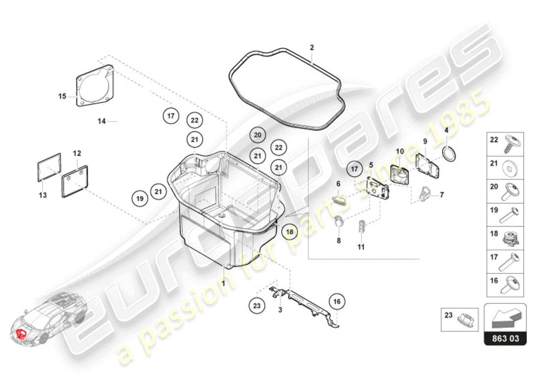 lamborghini revuelto coupe (2024) doublure coffre à bagages rhd schéma des pièces