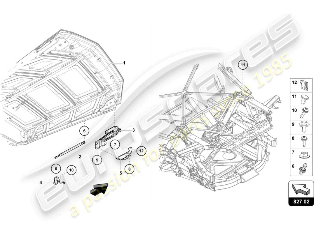 lamborghini 2021 (evo coupe) couvercle moteur avec insp. couverture diagramme de pièce