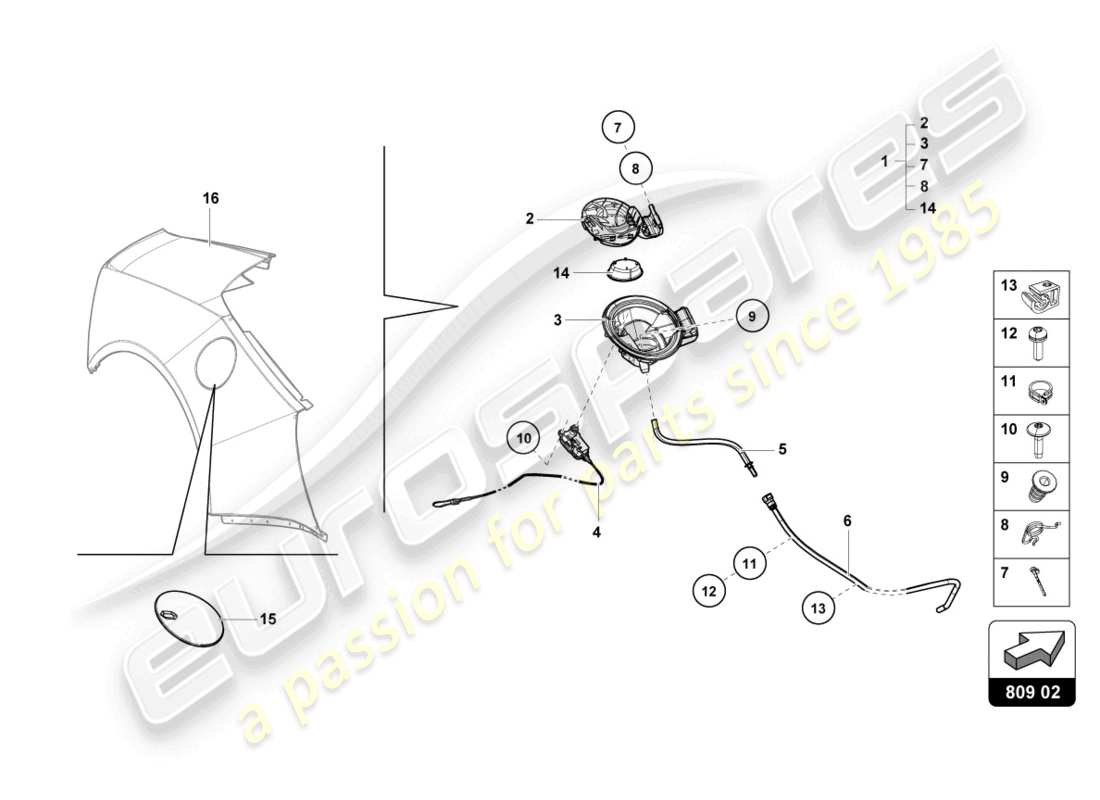 lamborghini evo spyder (2023) trappe de remplissage de carburant schéma des pièces