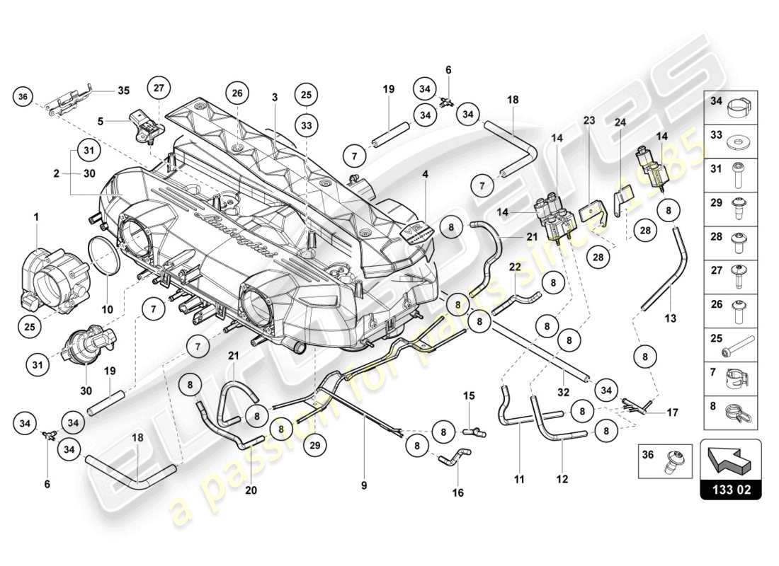 lamborghini countach lpi 800-4 (2022) collecteur d'admission schéma des pièces