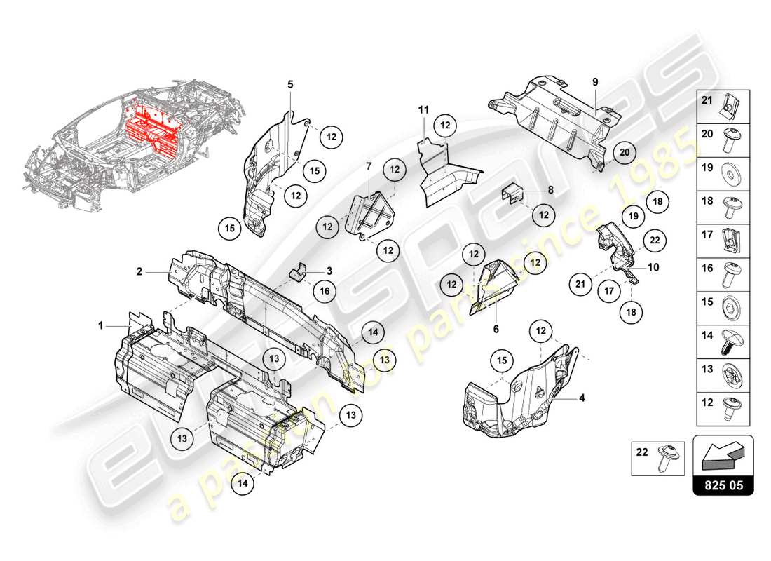 lamborghini evo coupe 2wd (2023) schéma des pièces du bouclier thermique