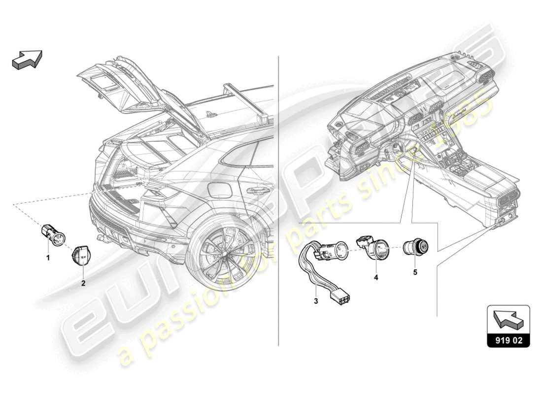 lamborghini urus (2019) couvercle avec allume-cigarette et prise schéma des pièces