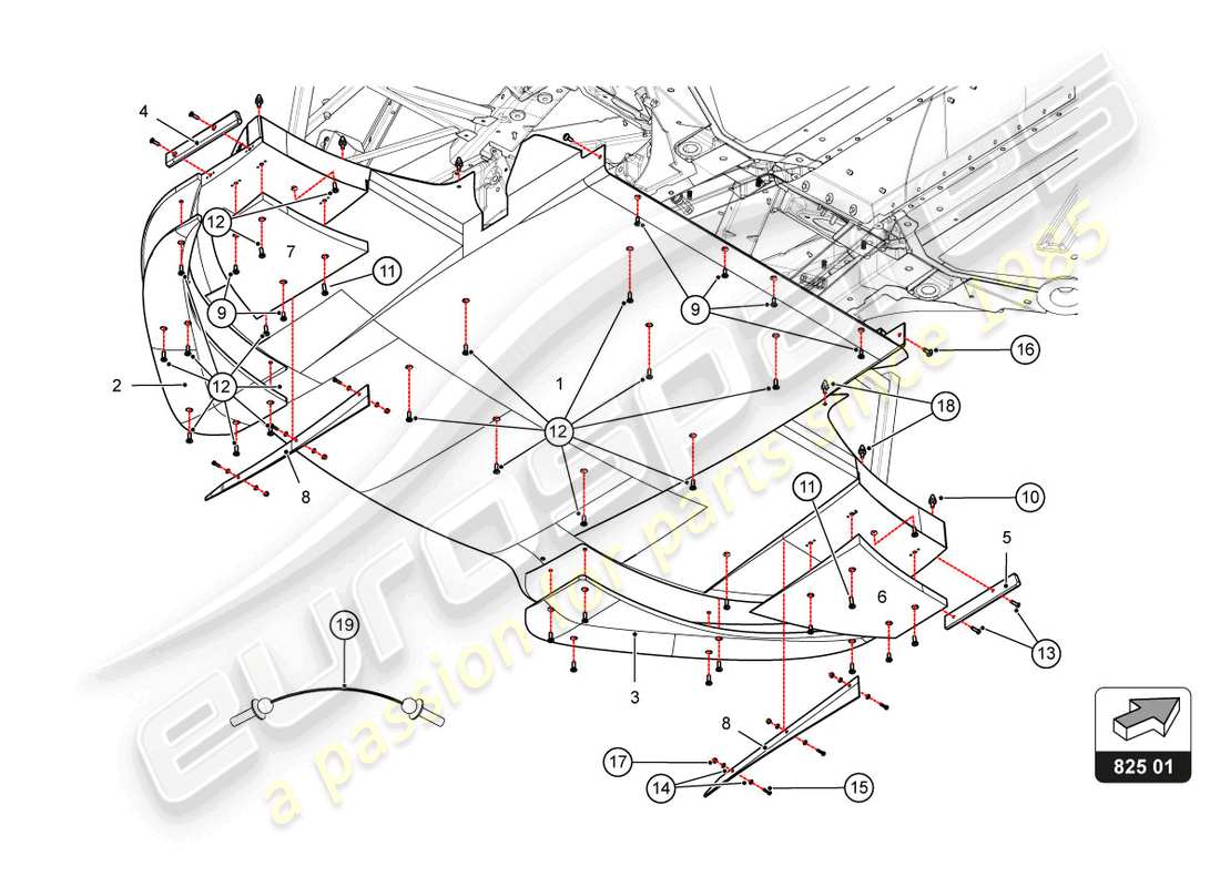 lamborghini super trofeo evo 2 (2022) schéma des pièces des panneaux de plancher de cadre