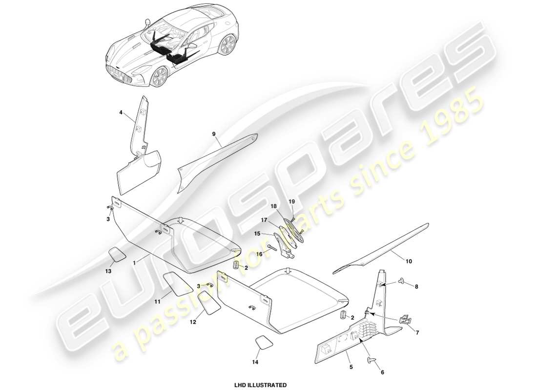 aston martin one-77 (2011) diagramme de pièce de garniture de plancher