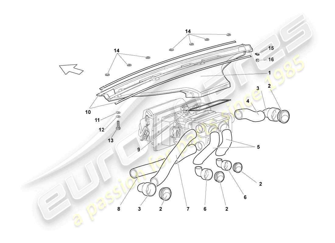 lamborghini lp640 roadster (2007) conduits de chauffage d'air et de pieds, tuyaux d'air et évents schéma des pièces