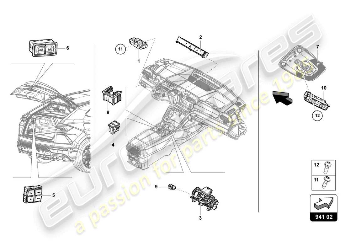 lamborghini urus (2019) panneau de commande avec boutons-poussoirs schéma des pièces