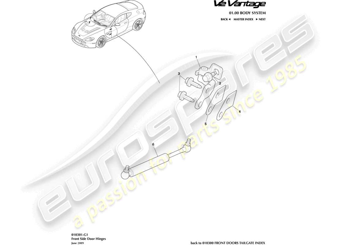 aston martin v12 vantage (2010) schéma des pièces des charnières de porte