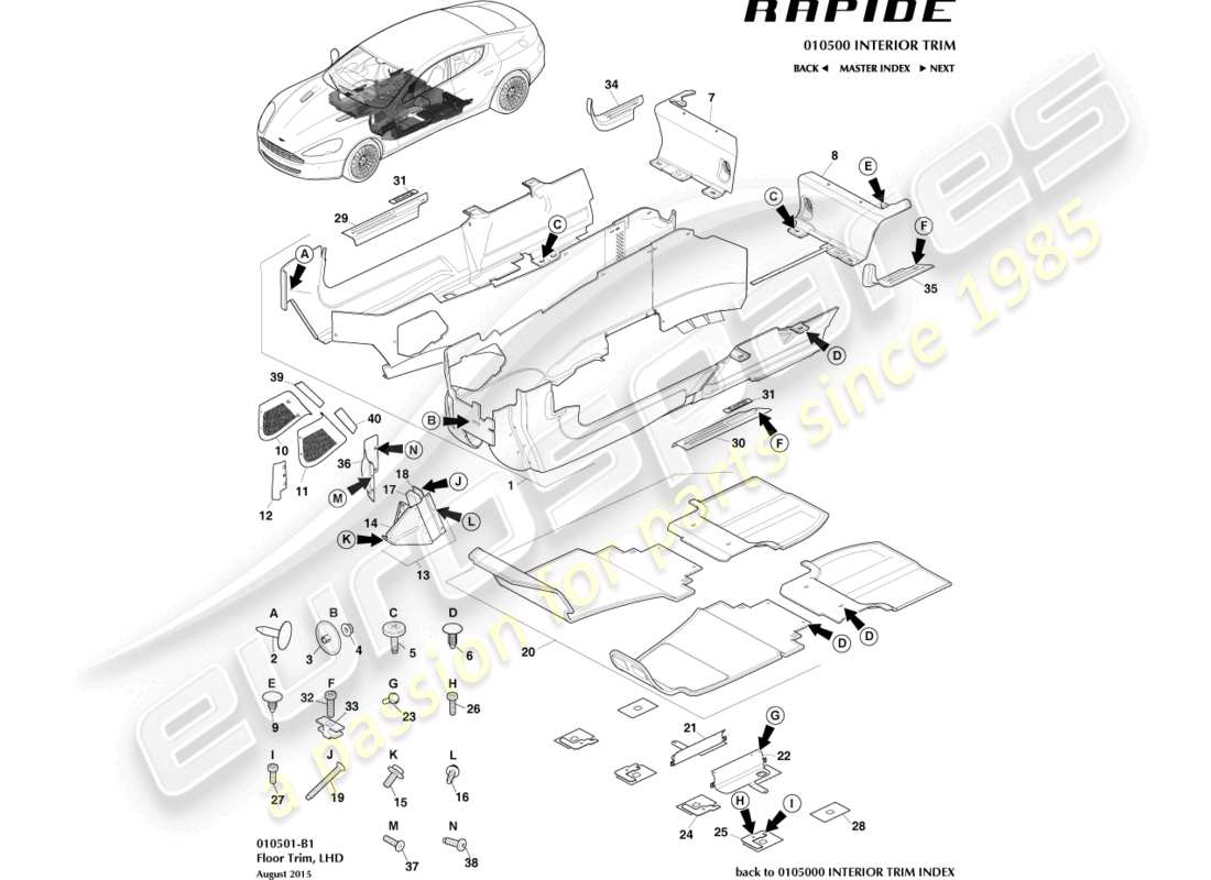 aston martin rapide (2011) garniture de plancher principal, diagramme de pièce lhd