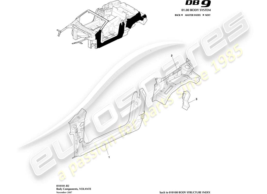 aston martin db9 (2011) composants du corps, diagramme des pièces volante