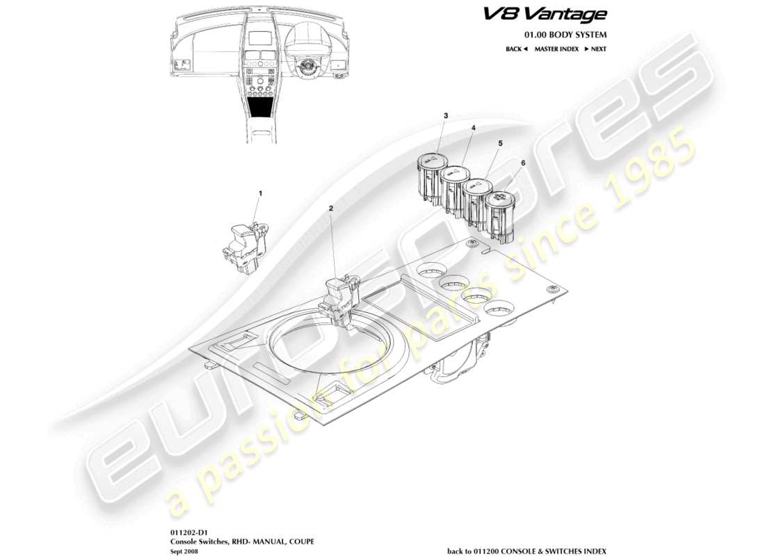 aston martin v8 vantage (2010) commutateurs de console, coupé, diagramme de pièce rhd