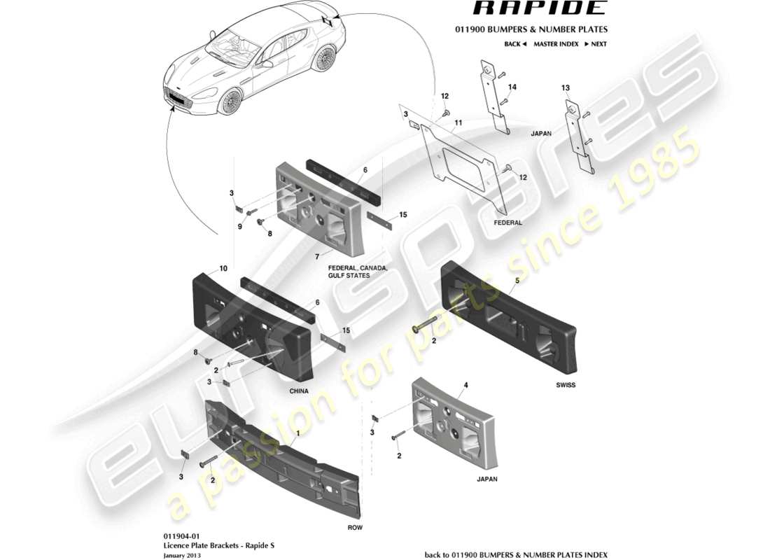 aston martin rapide (2014) socles de plaque d'immatriculation, s schéma des pièces