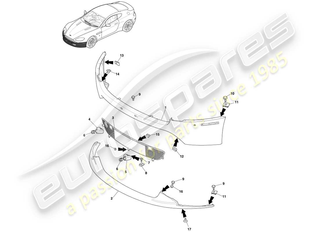 aston martin v8 vantage (2007) pare-chocs avant, 12.25my sur et v8s diagramme de pièce