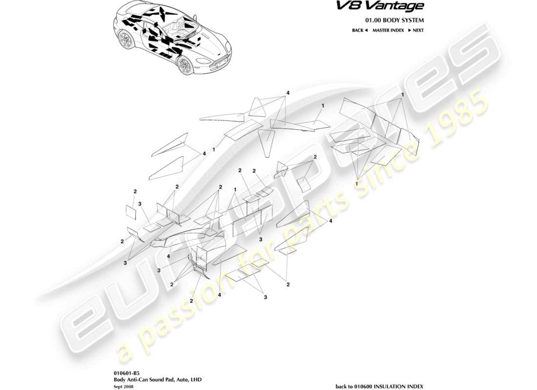 aston martin v8 vantage (2010) coussinets sonores anti-can, diagramme de pièces lhd