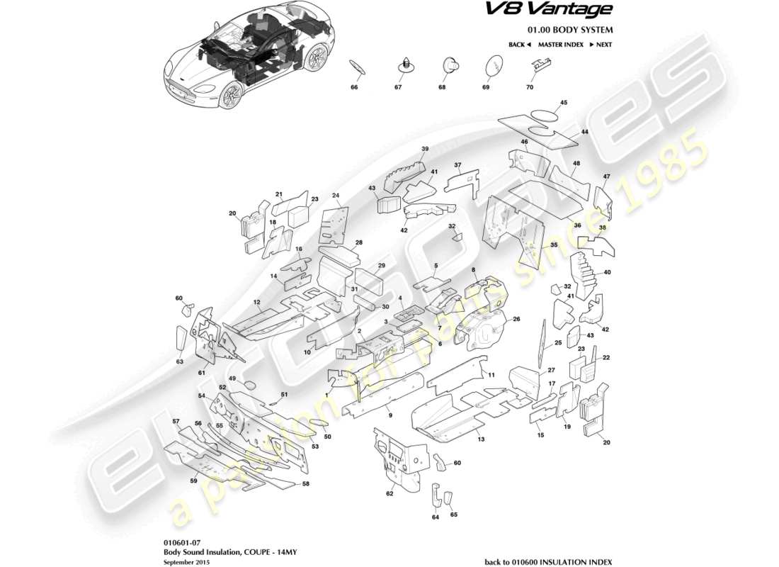 aston martin v8 vantage (2015) isolation de carrosserie, coupé, 14my schéma des pièces
